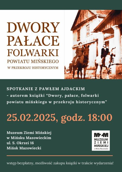 na białym tle rysunek dworku przed którym jest dwoje ludzi na koniach. Poniżej, napisy na zielonym tle.