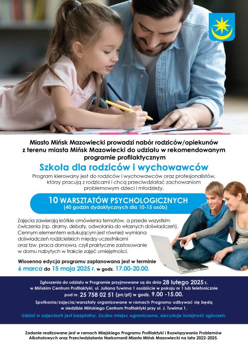 Od góry mężczyzna z dziewczynka rysują na kartce. Po środku na białym tle informajce oraz po prawej chłopak i dziewczyna...