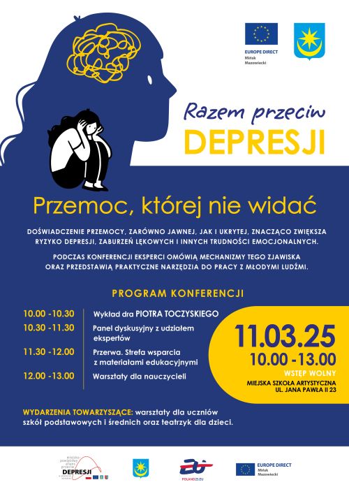 Na górze na bialym tle niebieska głowa na niej kucająca czarno-biała postać kobiety. Dalej na niebieskim tle informacje