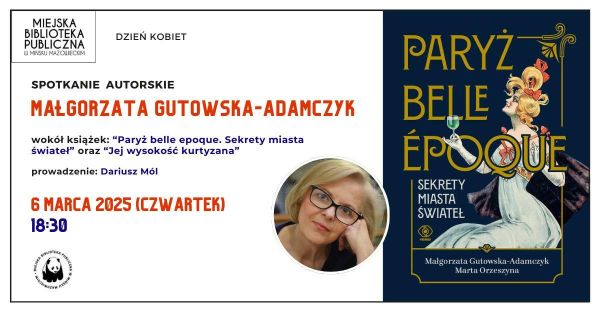 Po lewej na białym tle informacje. Po środku zdjęcie kobiety w okularach. Po prawej granatowa okładka książki