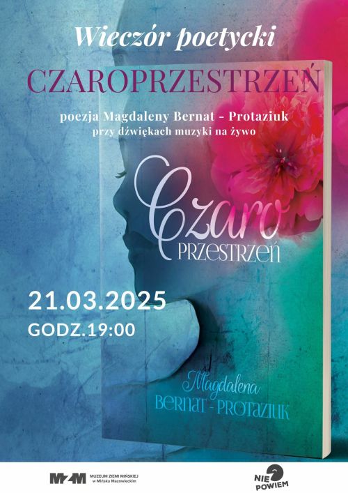 Na niebiesko-różowych odcieniach tle informacje. W tle wtapiająca się kolorystycznie okładka z twarzą kobiety z czerwonym...
