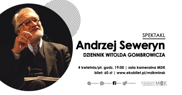 Po lewej w kole siedzi starszy mężczyzna w garnitusze, okularach. Wskazuje do góry palcem. Po prawej na białym tle informacje