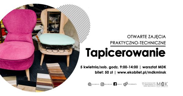 Po lewej w kole różowe zrobione krzesło. Obok niego zepsute ze sprężynami na wierzchu. po prawej na białym tle informacje