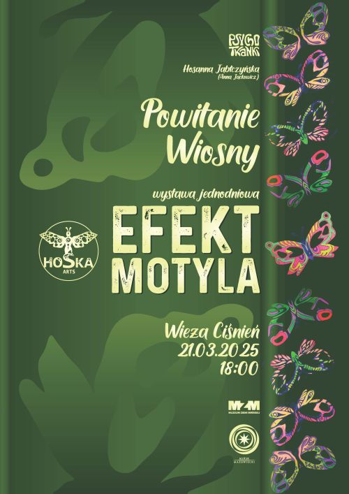 Na zielonym tle informacje. Po prawej od góry do dołu na pasku kolorowe motyle