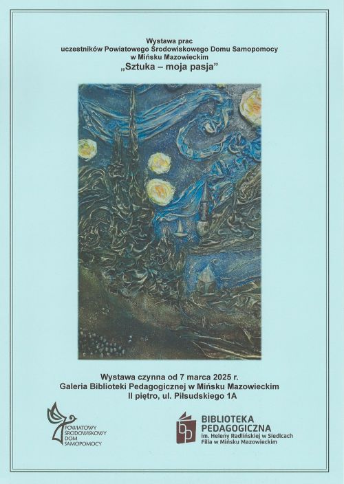 Na błękitnym tle po środku absrakcyjny rysunek. Naokoło informacje.