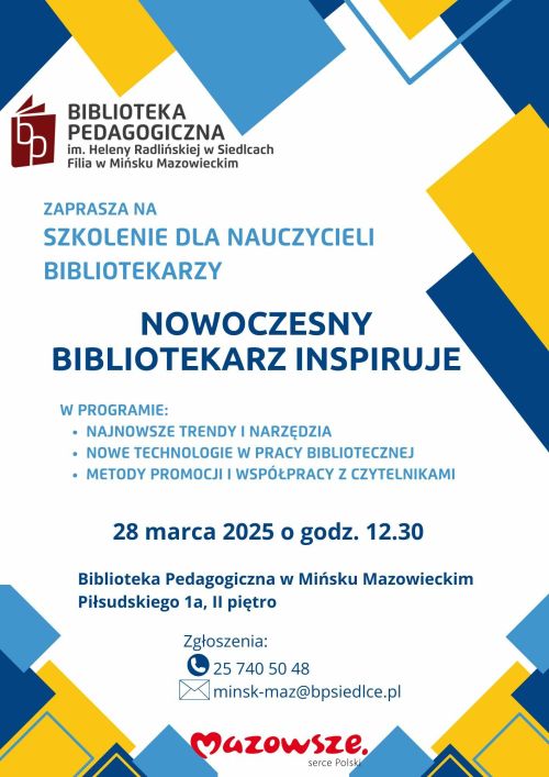 Na białym tle informacje. Naokoło żółto-niebieskie kwadraty i prostokąty