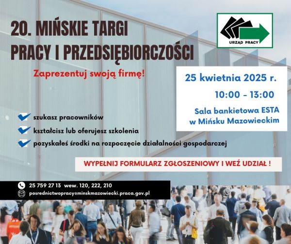 Naokoło informacje na tle szklanego budynku. Na dole pasek spacerujących ludzi
