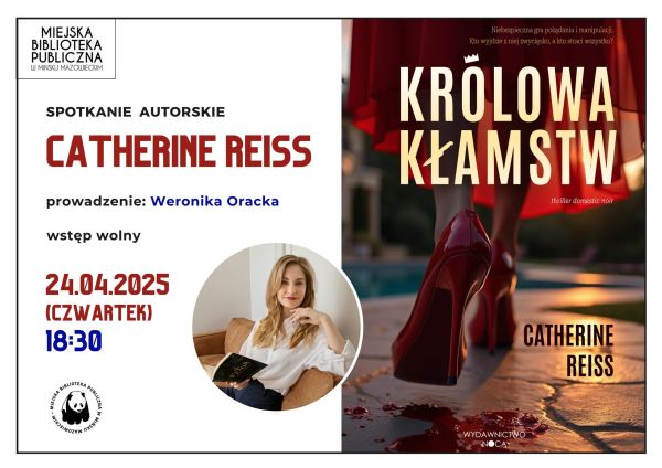 Po lewej na jasnym tle informacje. Po środku w kole kobieta z książką w dłoniach. Po prawej okładka. Na ulicy czerwone...