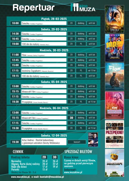 Na ciemno-zielonym tle harmonogram filmów i wydarzeń. Na górze napis repertuar kina Muza, plakaty filmowe po prawej