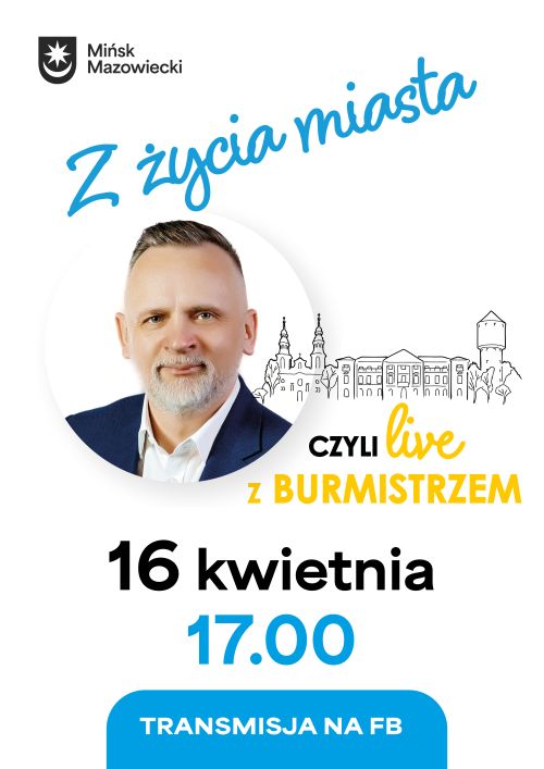 Na białym tle po środku zdjęcie mężczyzny. naokoło informacje. Po prawej obok zdjęcia rysunek budynków