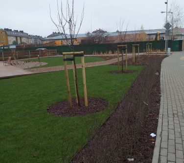 Na zewnątrz, pochmurny dzień. Skwer z alejkami i młodymi drzewami