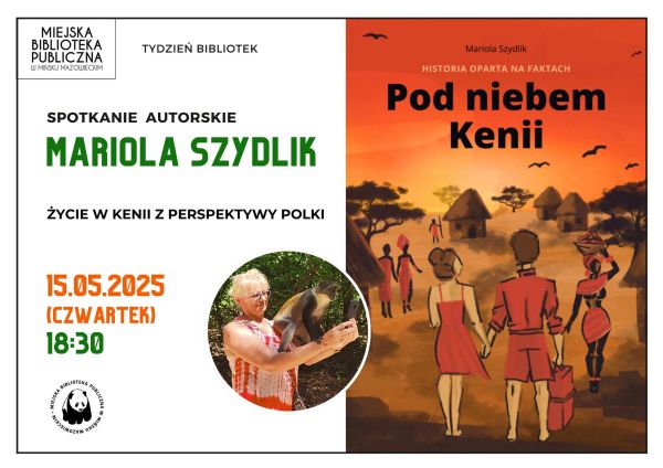Po lewej na białym tle informacje. Po środku w kole kobieta z małpą na dłoniach. Po prawej okładka książki