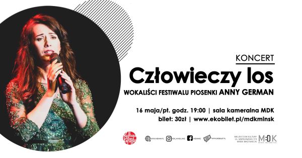 Po lewej w kole kobieta z dugi ciemnymi wlosami śpiewa do mikrofonu. Po prawej na jasnym tle informacje zawrate w treści