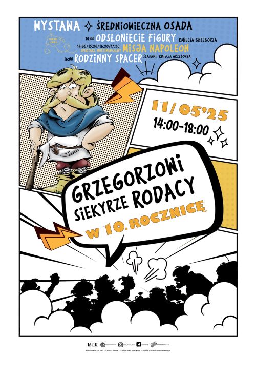 Po lewej postać komiksowa dawnego chłopa. Po prawej w chmurce tytuł. Na przodzie czarne zarysy postaci