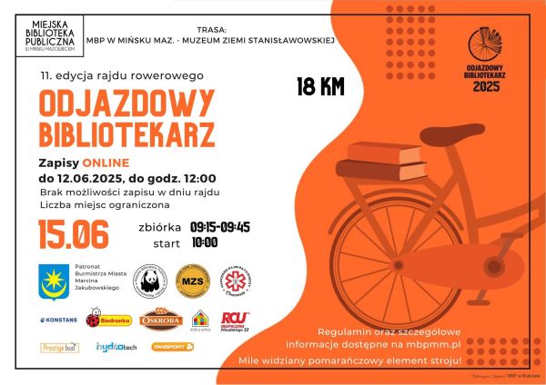 Po lewej stronie inforamcje. Po prawej na pomarańczowym tle tylna część roweru z książkami na bagażniku