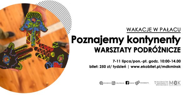 Z prawej napisy na białym tle, z lewej strony zdjęcie w kształcie koła, na nim kolorowe tekturki w kształcie dłoni