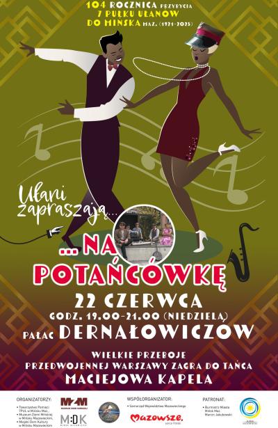 Na zielono-brązowym tle rysunek tańczącej pary. Naokoło inforamcje. Po środku kółka ze zdjęciem siedzących osób