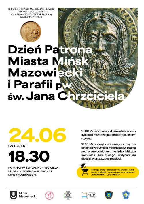 Na białym tle informacje. W gornym-prawym rogu mosiężny medal patrona miasta