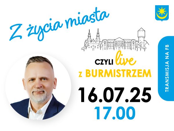 Na białym tle z lewej zdjęcie mężczyzny. Naokoło informacje. Po prawej obok zdjęcia rysunek budynków
