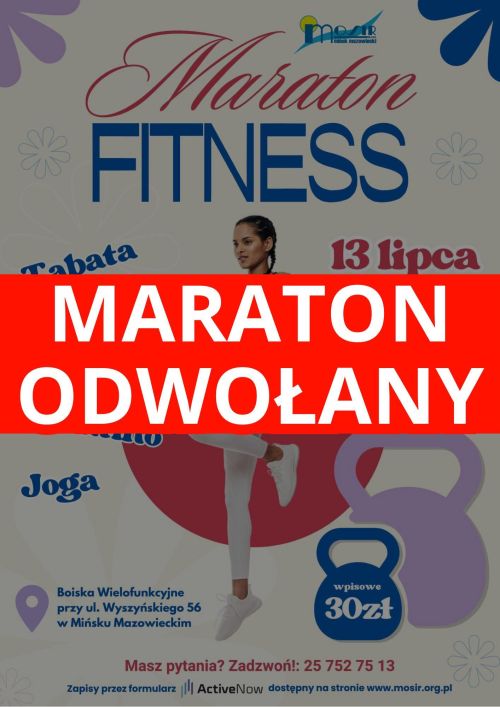 Na wyszarzałym tle informacji po środku na czerwonym pasku napis maraton odwołany