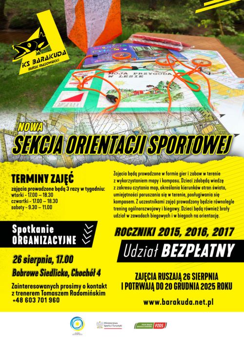 Na dole na żółtym informacje. Na górze zdjęcie map, lin, książek