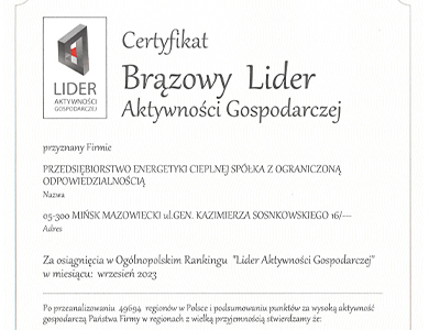 Certyfikat dla PEC za Brązowego Lidera Aktywności Gospodarczej