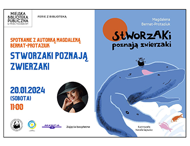 Po prawej niebieska okładka książki, a na niej wieloryb. Po lewej informacje zawarte w treści artykułu