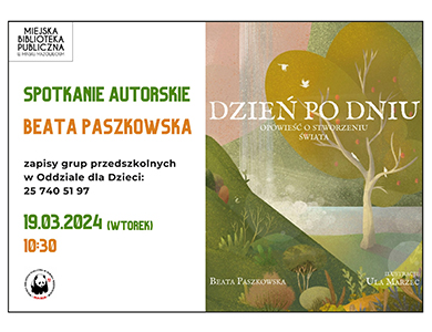 Po prawej okładka książki pt. "Dzień po dniu. Opowieść o stworzeniu świata". Rysunek lekko zielonego drzewa i pagórków. Po lewej informacje.