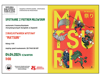 Po prawej na żółto-pomarańczowym tle różne stworki i duży, żółty napis Matsuri. Po lewej informacje