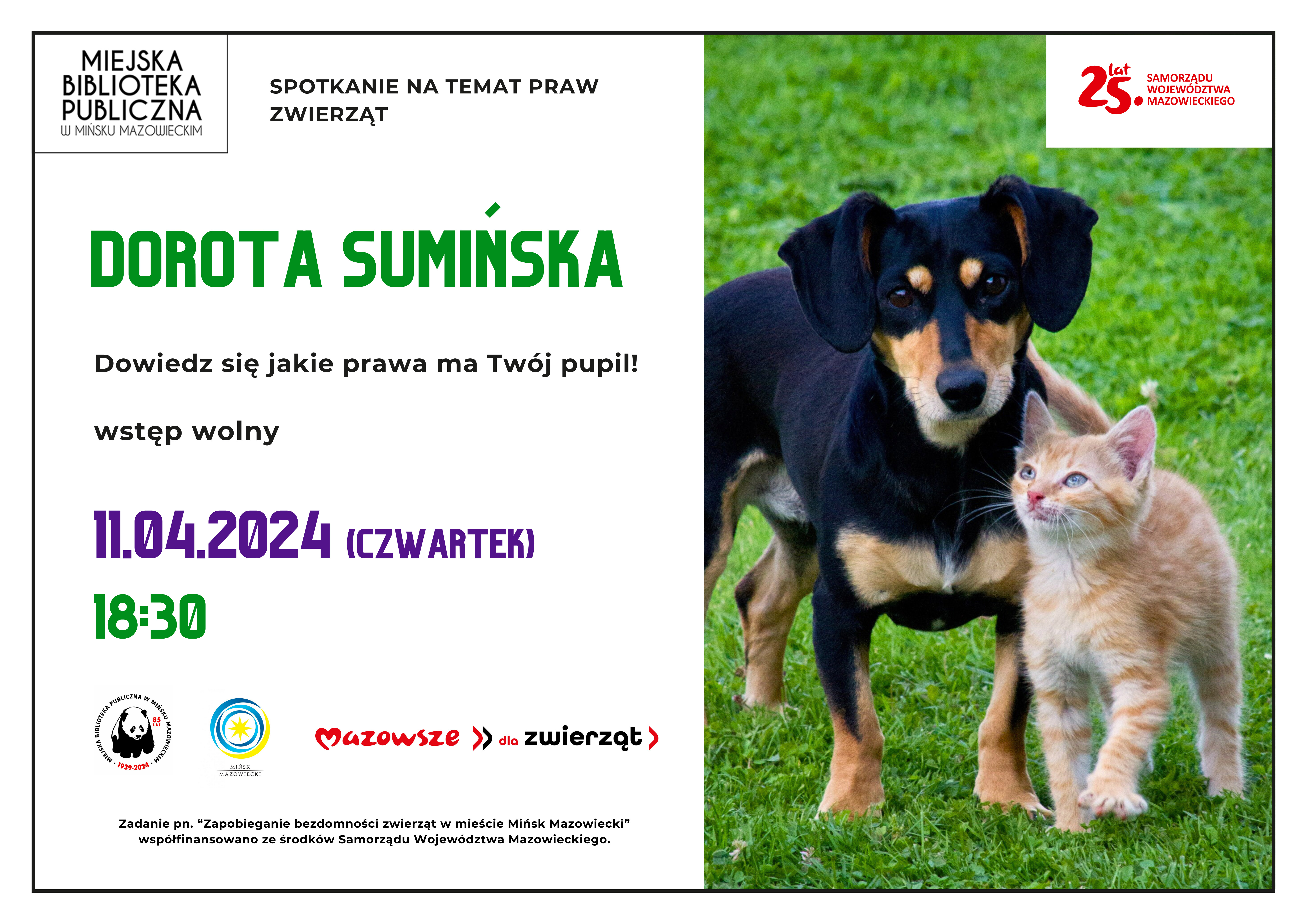 po prawej stronie pies i kot stoją na zielonej trawie, po lewej informacje zawarte w treści artykułu