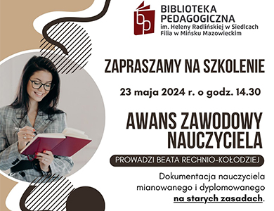 Na białym tle tekst. Po lewej koło ze zdjęciem kobiety z książką