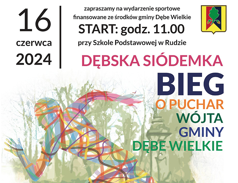 plakat z grafiką kolorowej sylwetki biegacza na zielonym tle, na górze tytuł wydarzenia