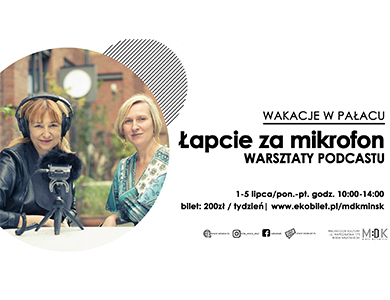 Po lewej w kole siedzą dwie uśmiechnięte kobiety. Jedna w słuchawkach przed nimi na mini stojaku mikrofon. Po prawej informacje