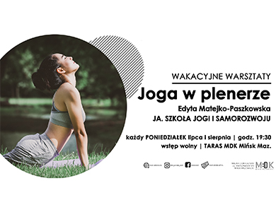 Po lewej w kole kobieta wygina pół tułowia na trawie do góry podpierając się dłońmi. Głowa z zamkniętymi oczami skierowana ku górze. Po prawej informacji