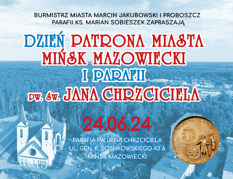 Widok z lotu ptaka na parafię, domy i las. Emblemat i naokoło informcje.