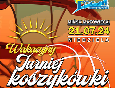 Na pomarańczowym tle zarys kosza do koszykówki oraz naokoło informacje.