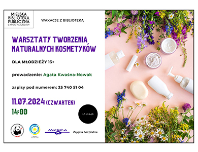 Po prawej na kremowym tle leżą kosmtyki. Na górze i na dole polne kwiatki. Po lewej kolorowe informacje