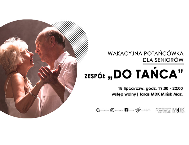 z prawej w kole zdjęcie tańczących kobiety i mężczyzny w starszym wieku. Tańczą. Obok tekst na białym tle.