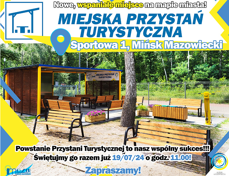 Drewniane ławki, w tle wiata, na środku drzewo. Napisy na białym tle. Wokół kolorowe elementy graficzne. 
