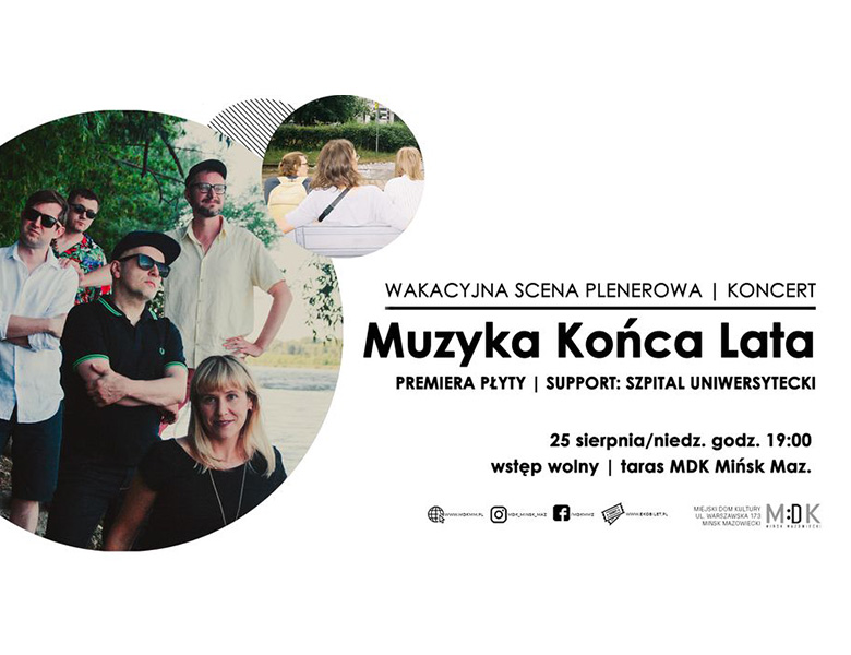Po lewej w kole zdjęcie pięciu osób na tle zieleni, na środku w małym kole zdjęcie pleców trzech osób. Tekst po prawej.