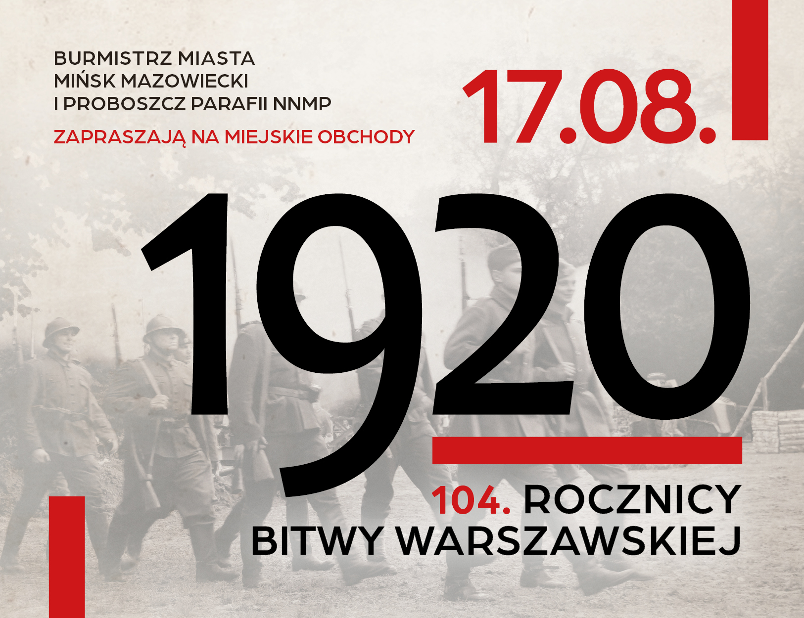 W tle szare zdjęcie maszerujących żołnierzy. Na zdjęciu czarny i czerwony tekst