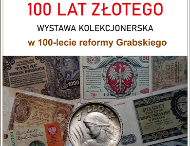 Na górze na białym tle kolorowe informacje. Na dole zdjęcie monety, naokoło zdjęcie starych banknotów