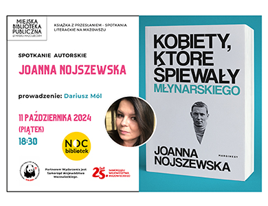 Po lewej na białym tle kolorowe informacje. Po środku w kole zdjęcie kobiety. Po prawej jasno-niebieska okładka książki