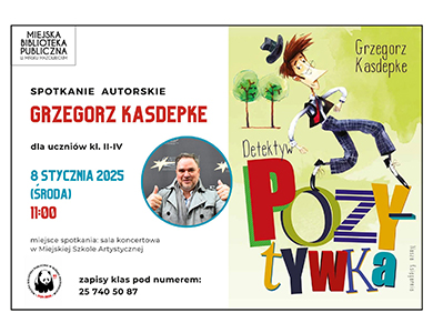Po lewej na białym tle informacje. Po środku w małym kole zdjęcie mężcyzny. Po prawej okładka książki z tytułem pozytywka