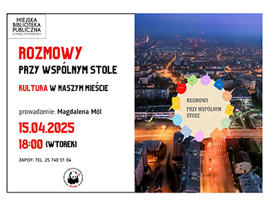 Po lewej na białym tle informacje. Po prawej zdjęcie miasta nocą. Po środku w małym kółku napis rozmowy przy współnym stole.