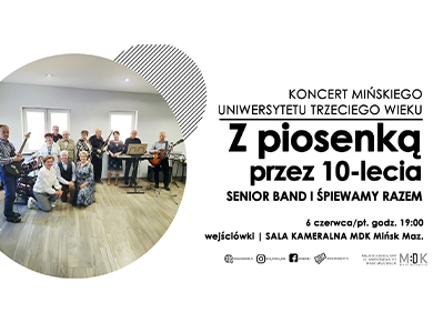 Po lewej w kole zespół z instrumentami. Oświetlona sala. Po prawej na białym informacje