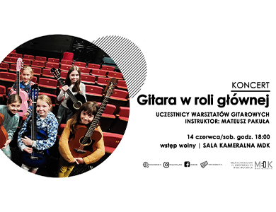 Po lewej w kole piątka uśmiechniętych dzieci z gitarami w dłoniach. Siedzą na fotelach w oświetlonym pomieszczeniu. Po prawej na białym informacje