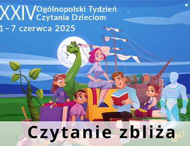 Zdjęcie z kreskówki statek, dinozaur, dzieci, mama, tata czyta książke. Na górze i dole infomacje zawarte w treści
