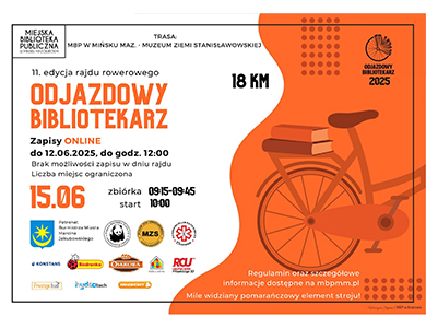 Po lewej stronie inforamcje. Po prawej na pomarańczowym tle tylna część roweru z książkami na bagażniku