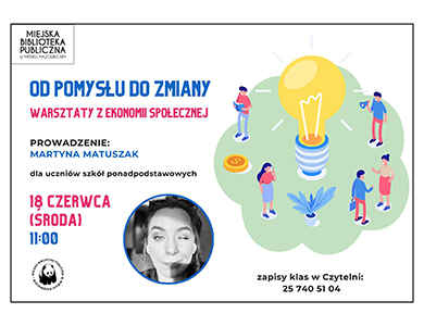 Na białym tle informacje. Po prawej w jasno-zielonej chmurce żarówka i naokoło rysunki ludzi. na dole w kole kobieta mruga okiem